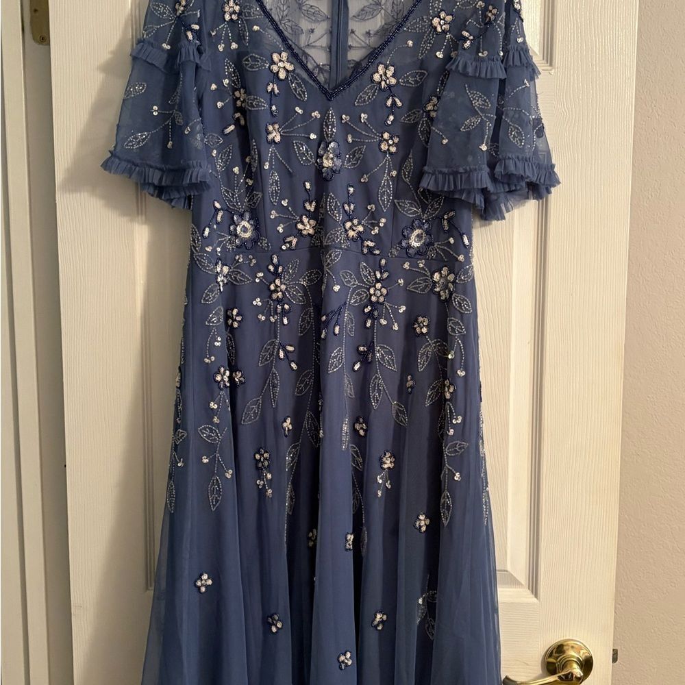 Adrianna Papell beaded midi dress in french Blue - Picture 5 of 6